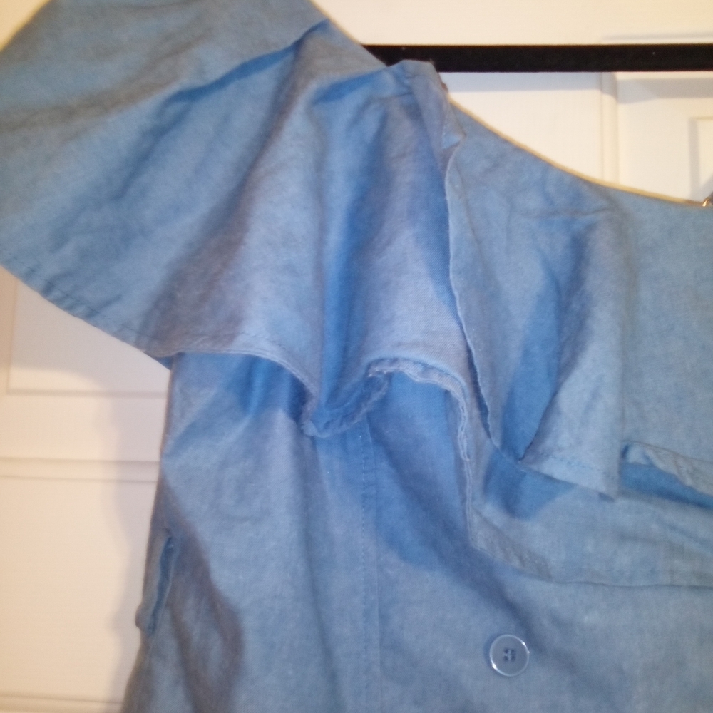 Lulumari Ruffle One Shoulder Blue Top Chambray Asymmetrical Button Corset Blouse - Picture 4 of 7
